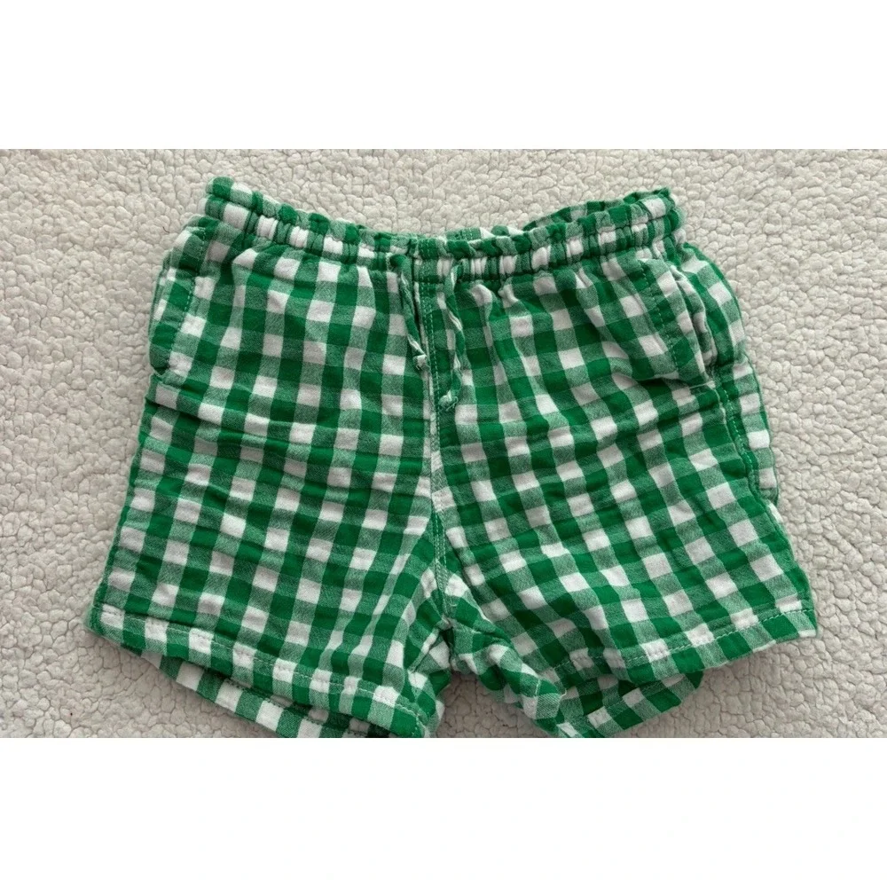 Girls Gingham Shorts Green & White Check Pull-on Drawstring Kids Size 5T Preppy